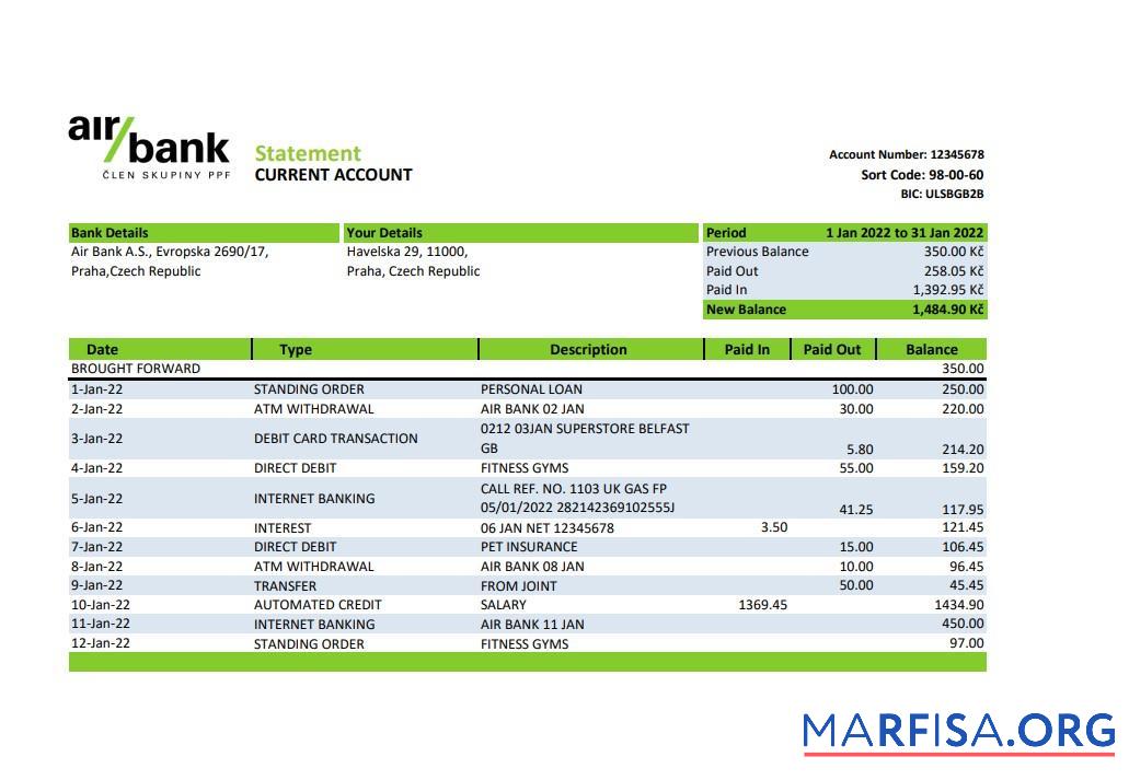 Downloadable Czechia Air bank statement excel template